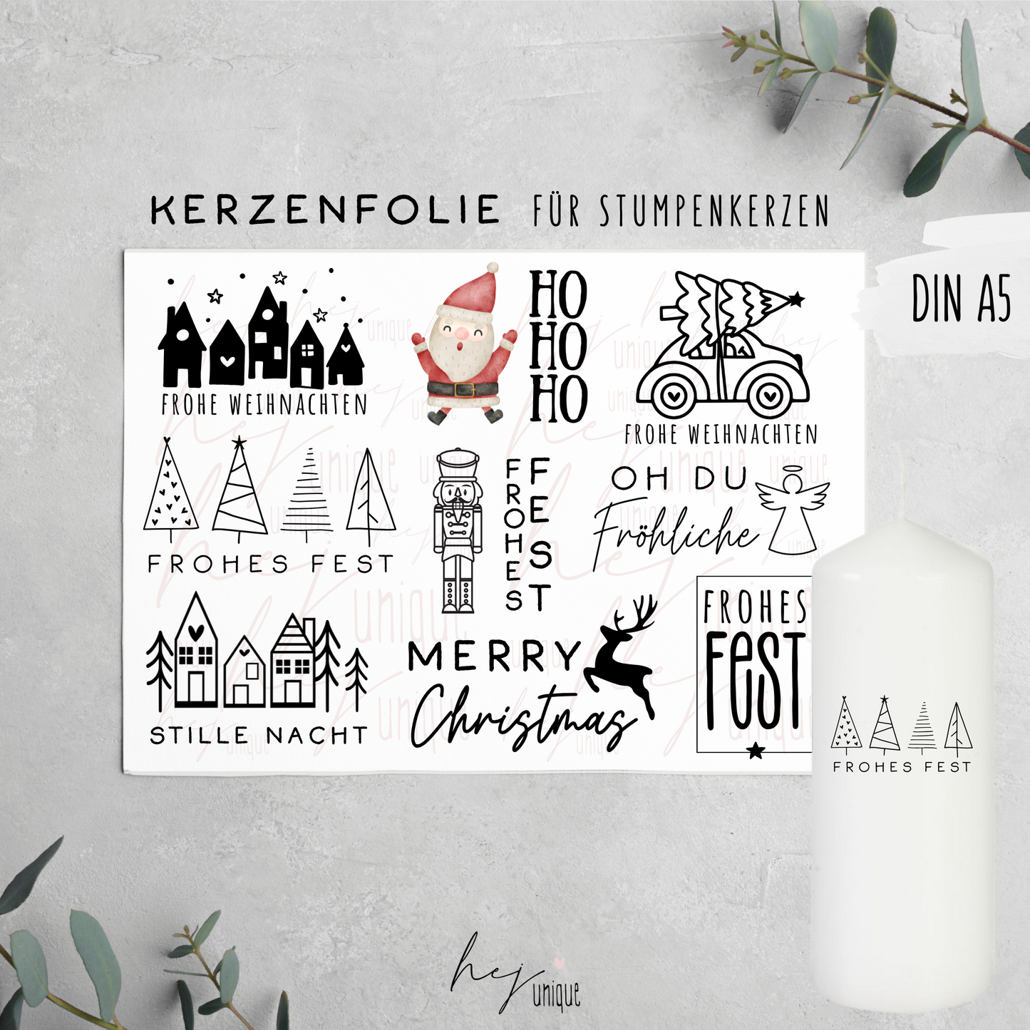Kerzenfolie Xmas Stumpenkerze Warum du unsere Kerzenfolie lieben wirst: ✔ Edle Premium-Folie mit hochwertiger Optik ✔ Speziell für Kerzen entwickelt ✔ Aktivierung des Klebers ganz einfach mit Wasser ✔ Wischfest und langlebig bei sorgfältiger Verarbeitung ✔ Besonders elastisch – passt sich Kerzenoberfläche optimal an ✔ Gewerblich nutzbar – keine zusätzliche Lizenz nötig