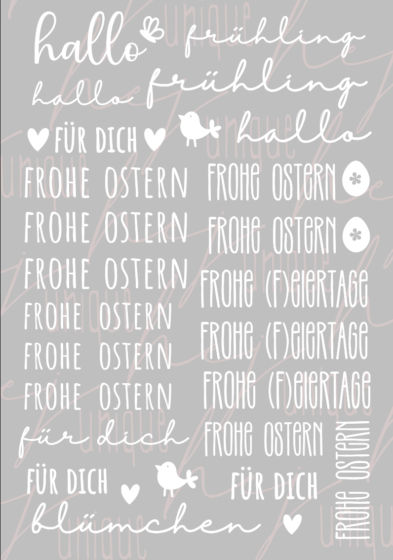 Rub On Aufkleber Schriftzüge Ostern 1.0 A5 Warum du unsere Rub-Ons lieben wirst: ✔ Randloser Premium-Look ✔ Besondere Haptik ✔ Präzise Platzierung dank transparenter Trägerfolie ✔ Wasser- und kratzfest // Hitze- und UV-beständig ✔ Starke Haftung auf Glas, Keramik, Holz, Raysin u.v.m. ✔ Langlebig und hochwertig verarbeitet ✔ Auch gewerblich nutzbar – keine zusätzliche Lizenz nötig