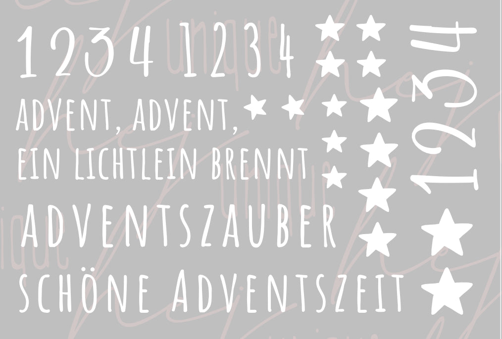 Rub On Aufkleber Advent Advent weiss A6 Warum du unsere Rub-Ons lieben wirst: ✔ Randloser Premium-Look ✔ Besondere Haptik ✔ Präzise Platzierung dank transparenter Trägerfolie ✔ Wasser- und kratzfest // Hitze- und UV-beständig ✔ Starke Haftung auf Glas, Keramik, Holz, Raysin u.v.m. ✔ Langlebig und hochwertig verarbeitet ✔ Auch gewerblich nutzbar – keine zusätzliche Lizenz nötig