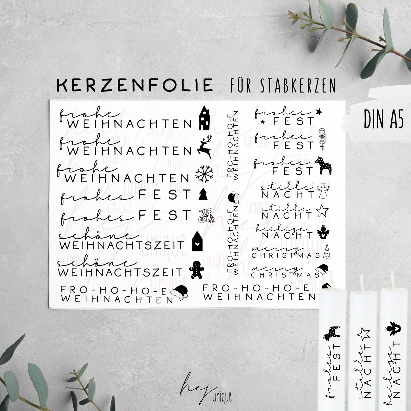 Kerzenfolie Schriftzüge mit Symbol Warum du unsere Kerzenfolie lieben wirst:  ✔ Edle Premium-Folie mit hochwertiger Optik  ✔ Speziell für Kerzen entwickelt   ✔ Aktivierung des Klebers ganz einfach mit Wasser   ✔ Wischfest und langlebig bei sorgfältiger Verarbeitung  ✔ Besonders elastisch – passt sich Kerzenoberfläche optimal an  ✔ Gewerblich nutzbar – keine zusätzliche Lizenz nötig
