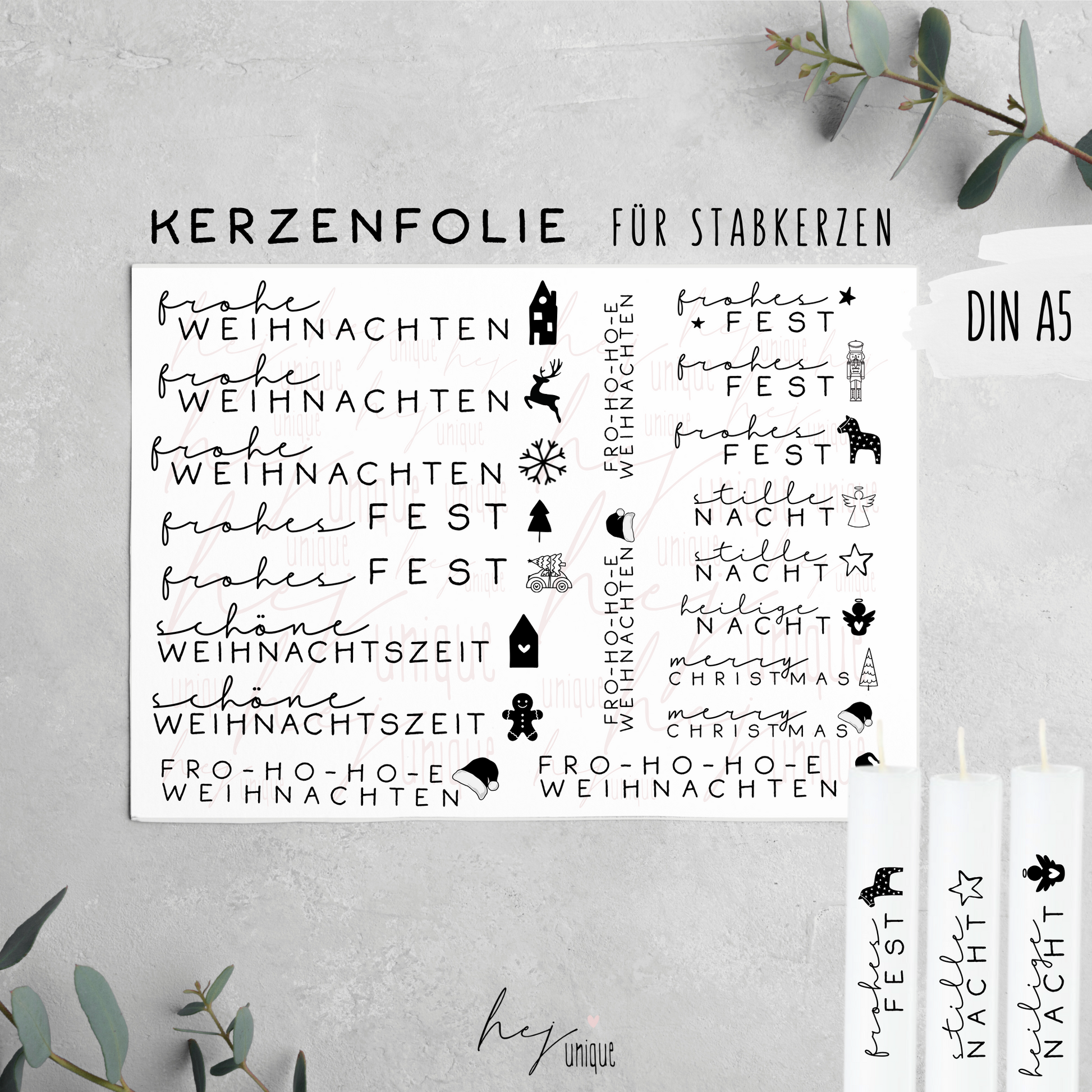 Kerzenfolie Schriftzüge mit Symbol Warum du unsere Kerzenfolie lieben wirst:  ✔ Edle Premium-Folie mit hochwertiger Optik  ✔ Speziell für Kerzen entwickelt   ✔ Aktivierung des Klebers ganz einfach mit Wasser   ✔ Wischfest und langlebig bei sorgfältiger Verarbeitung  ✔ Besonders elastisch – passt sich Kerzenoberfläche optimal an  ✔ Gewerblich nutzbar – keine zusätzliche Lizenz nötig