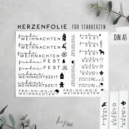 Kerzenfolie Schriftzüge mit Symbol Warum du unsere Kerzenfolie lieben wirst:  ✔ Edle Premium-Folie mit hochwertiger Optik  ✔ Speziell für Kerzen entwickelt   ✔ Aktivierung des Klebers ganz einfach mit Wasser   ✔ Wischfest und langlebig bei sorgfältiger Verarbeitung  ✔ Besonders elastisch – passt sich Kerzenoberfläche optimal an  ✔ Gewerblich nutzbar – keine zusätzliche Lizenz nötig
