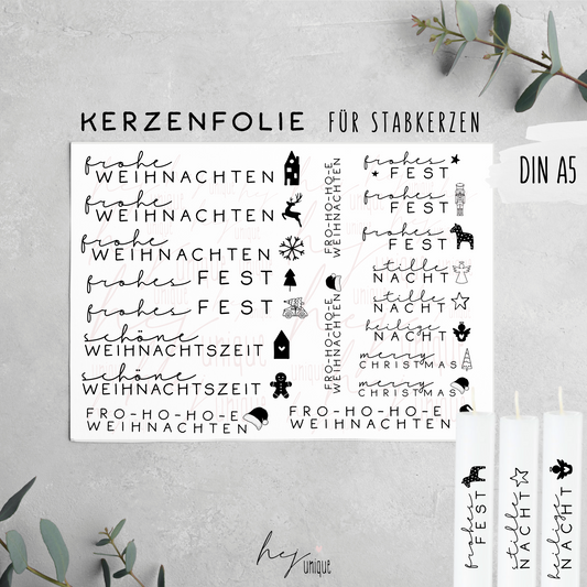 Kerzenfolie Schriftzüge mit Symbol Warum du unsere Kerzenfolie lieben wirst:  ✔ Edle Premium-Folie mit hochwertiger Optik  ✔ Speziell für Kerzen entwickelt   ✔ Aktivierung des Klebers ganz einfach mit Wasser   ✔ Wischfest und langlebig bei sorgfältiger Verarbeitung  ✔ Besonders elastisch – passt sich Kerzenoberfläche optimal an  ✔ Gewerblich nutzbar – keine zusätzliche Lizenz nötig
