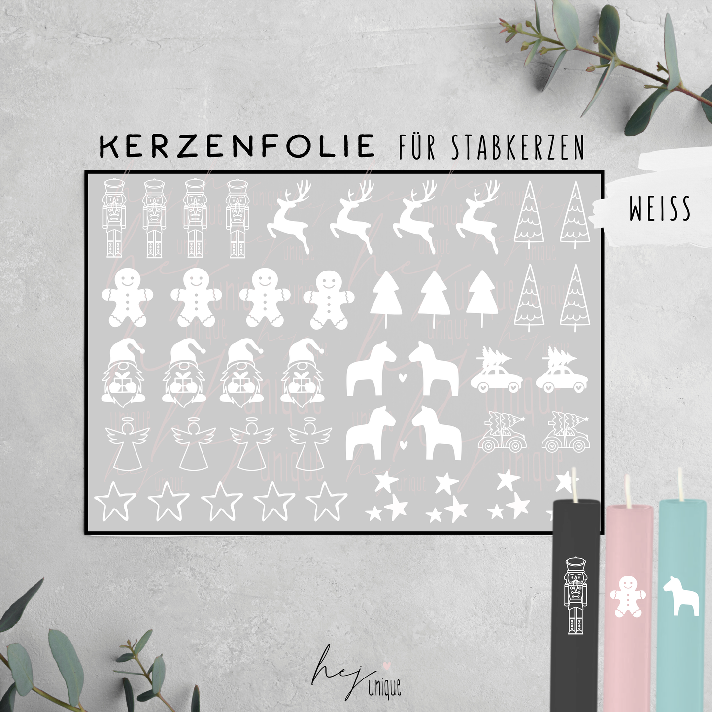Kerzenfolie Weihnachtliche Motive Warum du unsere Kerzenfolie lieben wirst:  ✔ Edle Premium-Folie mit hochwertiger Optik  ✔ Speziell für Kerzen entwickelt   ✔ Aktivierung des Klebers ganz einfach mit Wasser   ✔ Wischfest und langlebig bei sorgfältiger Verarbeitung  ✔ Besonders elastisch – passt sich Kerzenoberfläche optimal an  ✔ Gewerblich nutzbar – keine zusätzliche Lizenz nötig