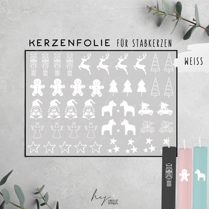 Kerzenfolie Weihnachtliche Motive Warum du unsere Kerzenfolie lieben wirst:  ✔ Edle Premium-Folie mit hochwertiger Optik  ✔ Speziell für Kerzen entwickelt   ✔ Aktivierung des Klebers ganz einfach mit Wasser   ✔ Wischfest und langlebig bei sorgfältiger Verarbeitung  ✔ Besonders elastisch – passt sich Kerzenoberfläche optimal an  ✔ Gewerblich nutzbar – keine zusätzliche Lizenz nötig