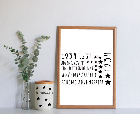 Rub On Aufkleber Advent Advent A6 Warum du unsere Rub-Ons lieben wirst:  ✔ Randloser Premium-Look   ✔ Besondere Haptik   ✔ Präzise Platzierung dank transparenter Trägerfolie  ✔ Wasser- und kratzfest // Hitze- und UV-beständig   ✔ Starke Haftung auf Glas, Keramik, Holz, Raysin u.v.m.  ✔ Langlebig und hochwertig verarbeitet  ✔ Auch gewerblich nutzbar – keine zusätzliche Lizenz nötig