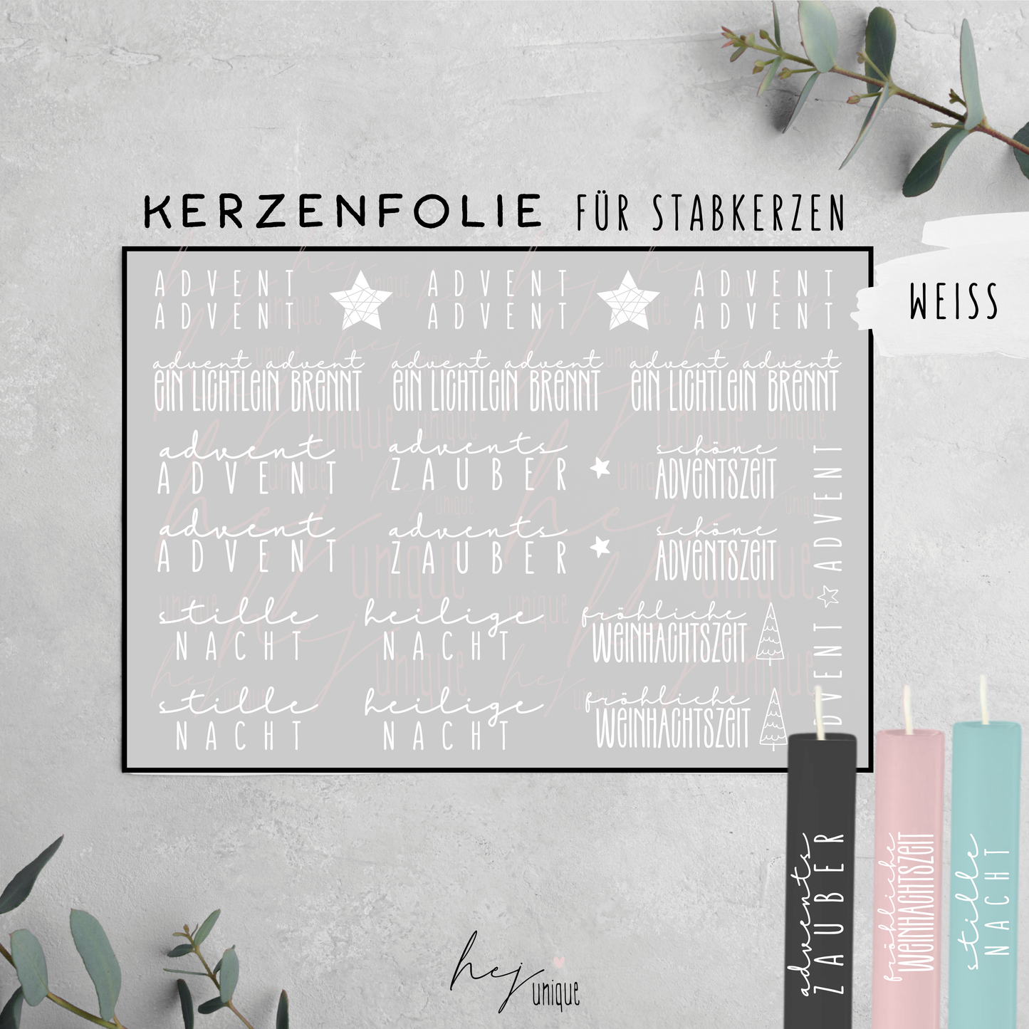 Kerzenfolie Schriftzüge Advent kurze Stabkerzen Warum du unsere Kerzenfolie lieben wirst:  ✔ Edle Premium-Folie mit hochwertiger Optik  ✔ Speziell für Kerzen entwickelt   ✔ Aktivierung des Klebers ganz einfach mit Wasser   ✔ Wischfest und langlebig bei sorgfältiger Verarbeitung  ✔ Besonders elastisch – passt sich Kerzenoberfläche optimal an  ✔ Gewerblich nutzbar – keine zusätzliche Lizenz nötig