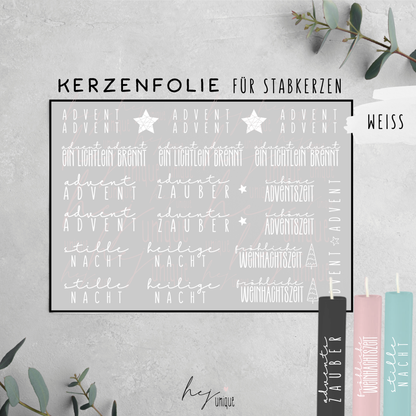 Kerzenfolie Schriftzüge Advent kurze Stabkerzen Warum du unsere Kerzenfolie lieben wirst:  ✔ Edle Premium-Folie mit hochwertiger Optik  ✔ Speziell für Kerzen entwickelt   ✔ Aktivierung des Klebers ganz einfach mit Wasser   ✔ Wischfest und langlebig bei sorgfältiger Verarbeitung  ✔ Besonders elastisch – passt sich Kerzenoberfläche optimal an  ✔ Gewerblich nutzbar – keine zusätzliche Lizenz nötig