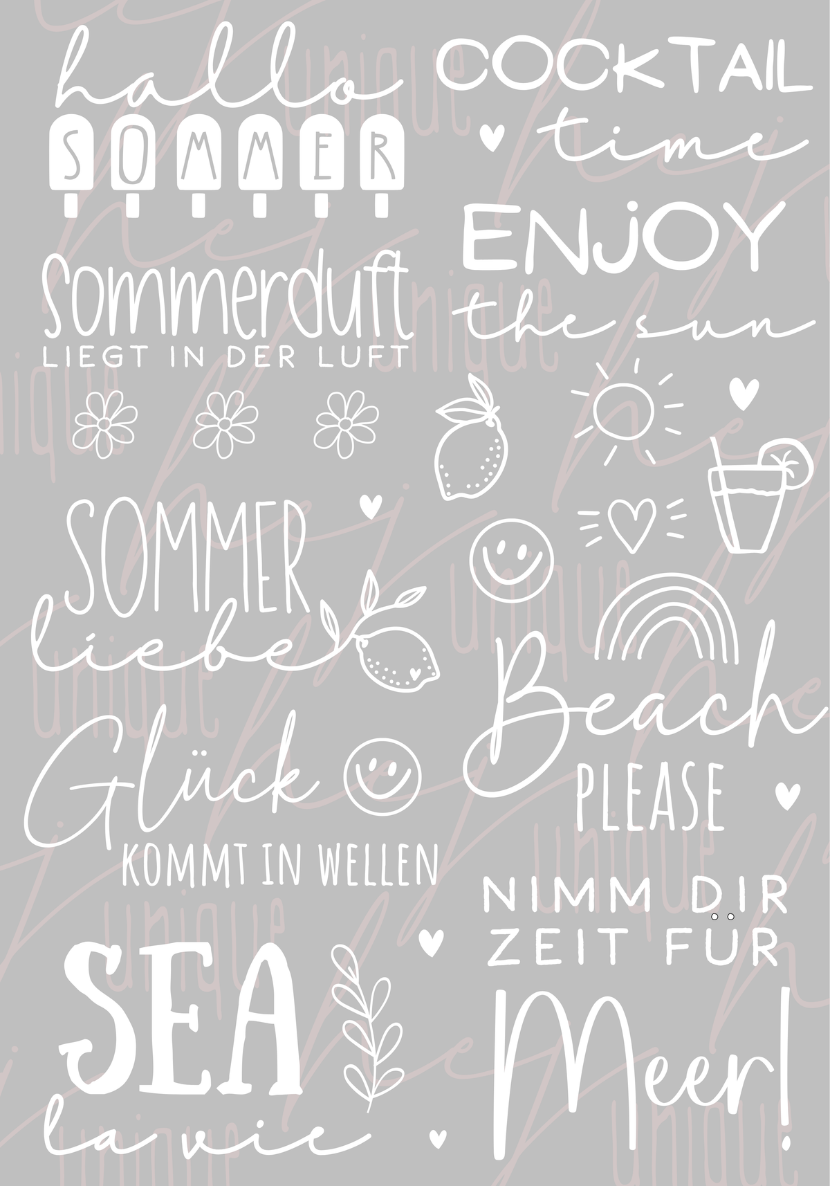 Rub On Aufkleber Sommerliebe A5 weiss Warum du unsere Rub-Ons lieben wirst:  ✔ Randloser Premium-Look   ✔ Besondere Haptik   ✔ Präzise Platzierung dank transparenter Trägerfolie  ✔ Wasser- und kratzfest // Hitze- und UV-beständig   ✔ Starke Haftung auf Glas, Keramik, Holz, Raysin u.v.m.  ✔ Langlebig und hochwertig verarbeitet  ✔ Auch gewerblich nutzbar – keine zusätzliche Lizenz nötig