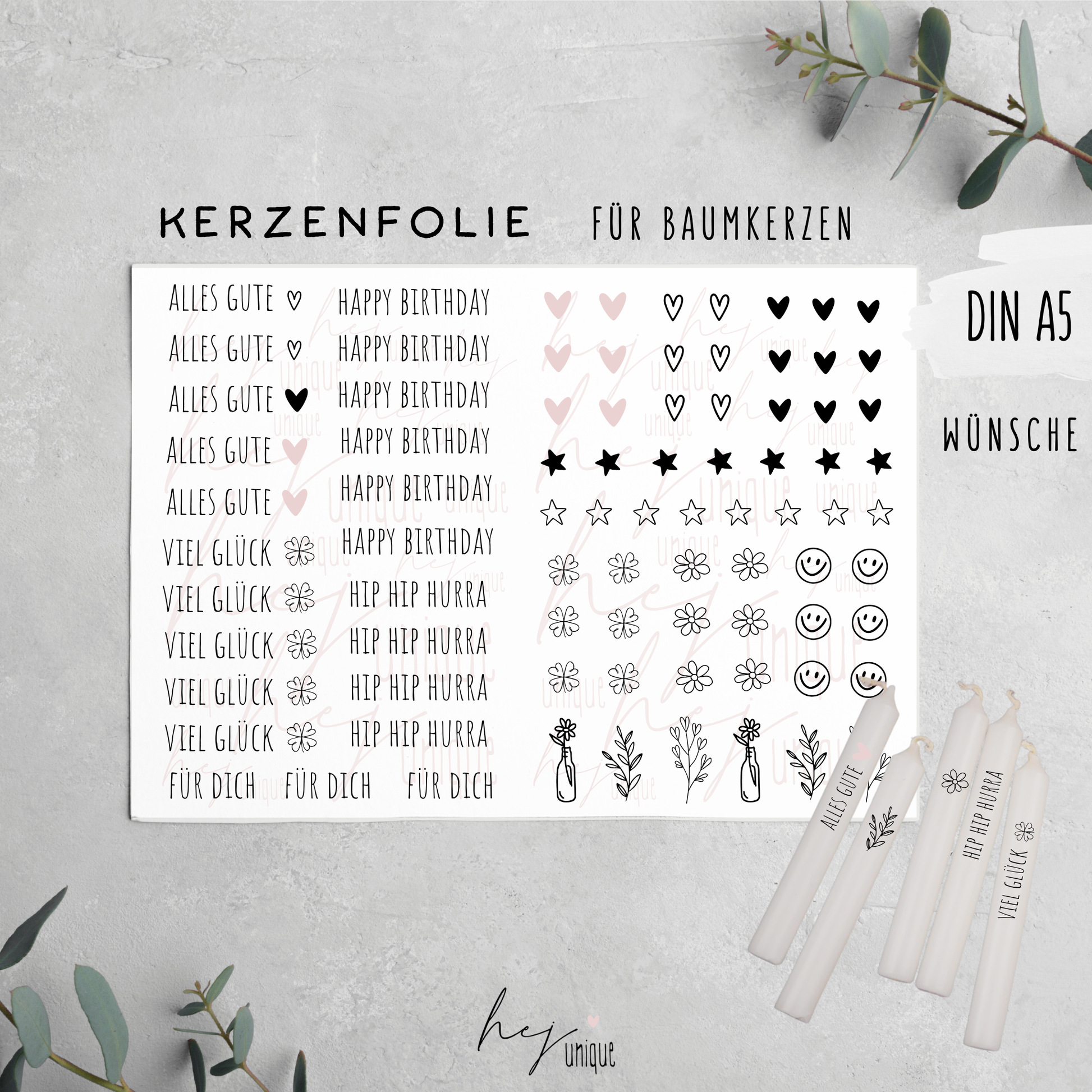 Kerzenfolie für Baumkerzen Wünsche  Warum du unsere Kerzenfolie lieben wirst:  ✔ Edle Premium-Folie mit hochwertiger Optik  ✔ Speziell für Kerzen entwickelt   ✔ Aktivierung des Klebers ganz einfach mit Wasser   ✔ Wischfest und langlebig bei sorgfältiger Verarbeitung  ✔ Besonders elastisch – passt sich Kerzenoberfläche optimal an  ✔ Gewerblich nutzbar – keine zusätzliche Lizenz nötig