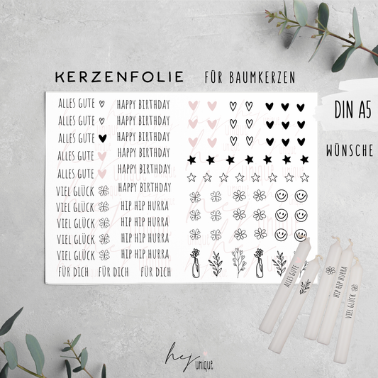 Kerzenfolie für Baumkerzen Wünsche  Warum du unsere Kerzenfolie lieben wirst:  ✔ Edle Premium-Folie mit hochwertiger Optik  ✔ Speziell für Kerzen entwickelt   ✔ Aktivierung des Klebers ganz einfach mit Wasser   ✔ Wischfest und langlebig bei sorgfältiger Verarbeitung  ✔ Besonders elastisch – passt sich Kerzenoberfläche optimal an  ✔ Gewerblich nutzbar – keine zusätzliche Lizenz nötig