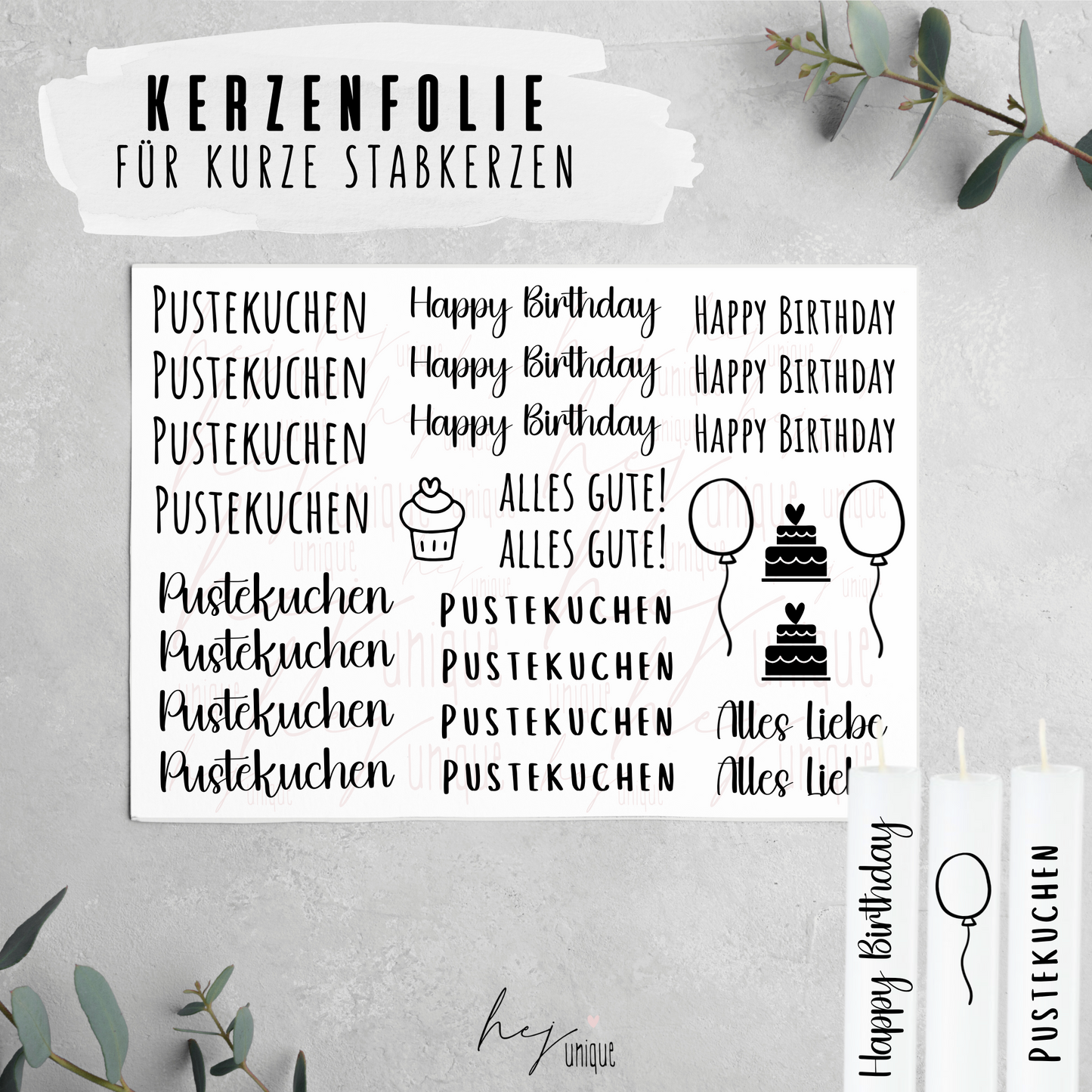 Kerzenfolie Pustekuchen kleine Kerzen Warum du unsere Kerzenfolie lieben wirst:  ✔ Edle Premium-Folie mit hochwertiger Optik  ✔ Speziell für Kerzen entwickelt   ✔ Aktivierung des Klebers ganz einfach mit Wasser   ✔ Wischfest und langlebig bei sorgfältiger Verarbeitung  ✔ Besonders elastisch – passt sich Kerzenoberfläche optimal an  ✔ Gewerblich nutzbar – keine zusätzliche Lizenz nötig