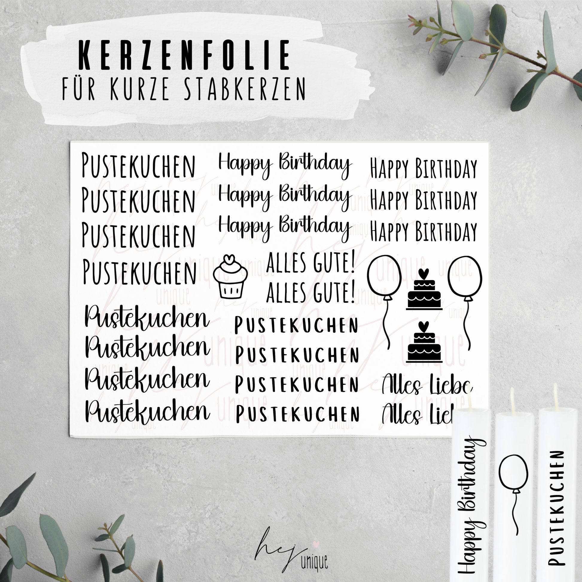 Kerzenfolie Pustekuchen kleine Kerzen Warum du unsere Kerzenfolie lieben wirst:  ✔ Edle Premium-Folie mit hochwertiger Optik  ✔ Speziell für Kerzen entwickelt   ✔ Aktivierung des Klebers ganz einfach mit Wasser   ✔ Wischfest und langlebig bei sorgfältiger Verarbeitung  ✔ Besonders elastisch – passt sich Kerzenoberfläche optimal an  ✔ Gewerblich nutzbar – keine zusätzliche Lizenz nötig