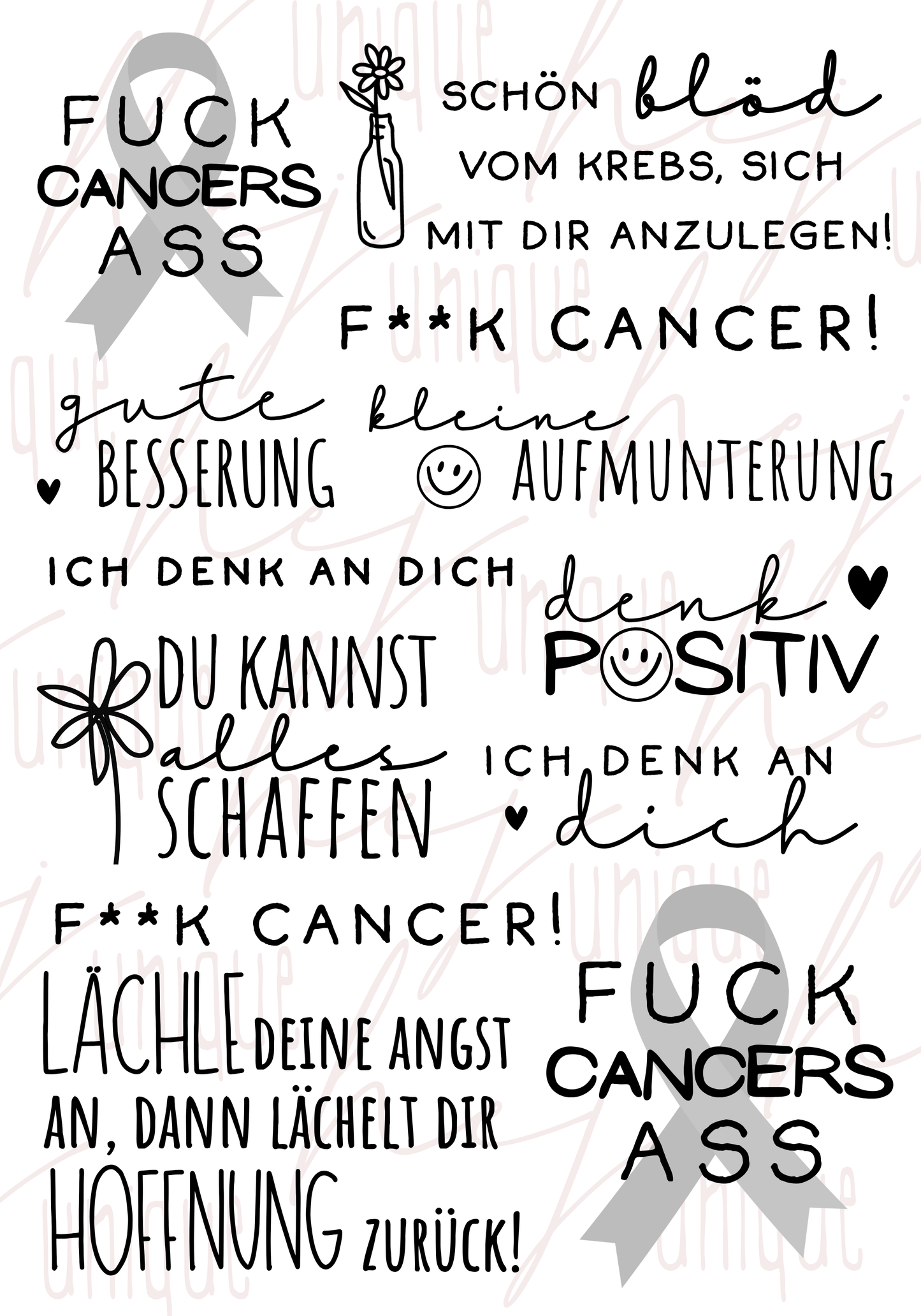 Rub On Aufkleber Fuck Cancer A5 Warum du unsere Rub-Ons lieben wirst:  ✔ Randloser Premium-Look   ✔ Besondere Haptik   ✔ Präzise Platzierung dank transparenter Trägerfolie  ✔ Wasser- und kratzfest // Hitze- und UV-beständig   ✔ Starke Haftung auf Glas, Keramik, Holz, Raysin u.v.m.  ✔ Langlebig und hochwertig verarbeitet  ✔ Auch gewerblich nutzbar – keine zusätzliche Lizenz nötig