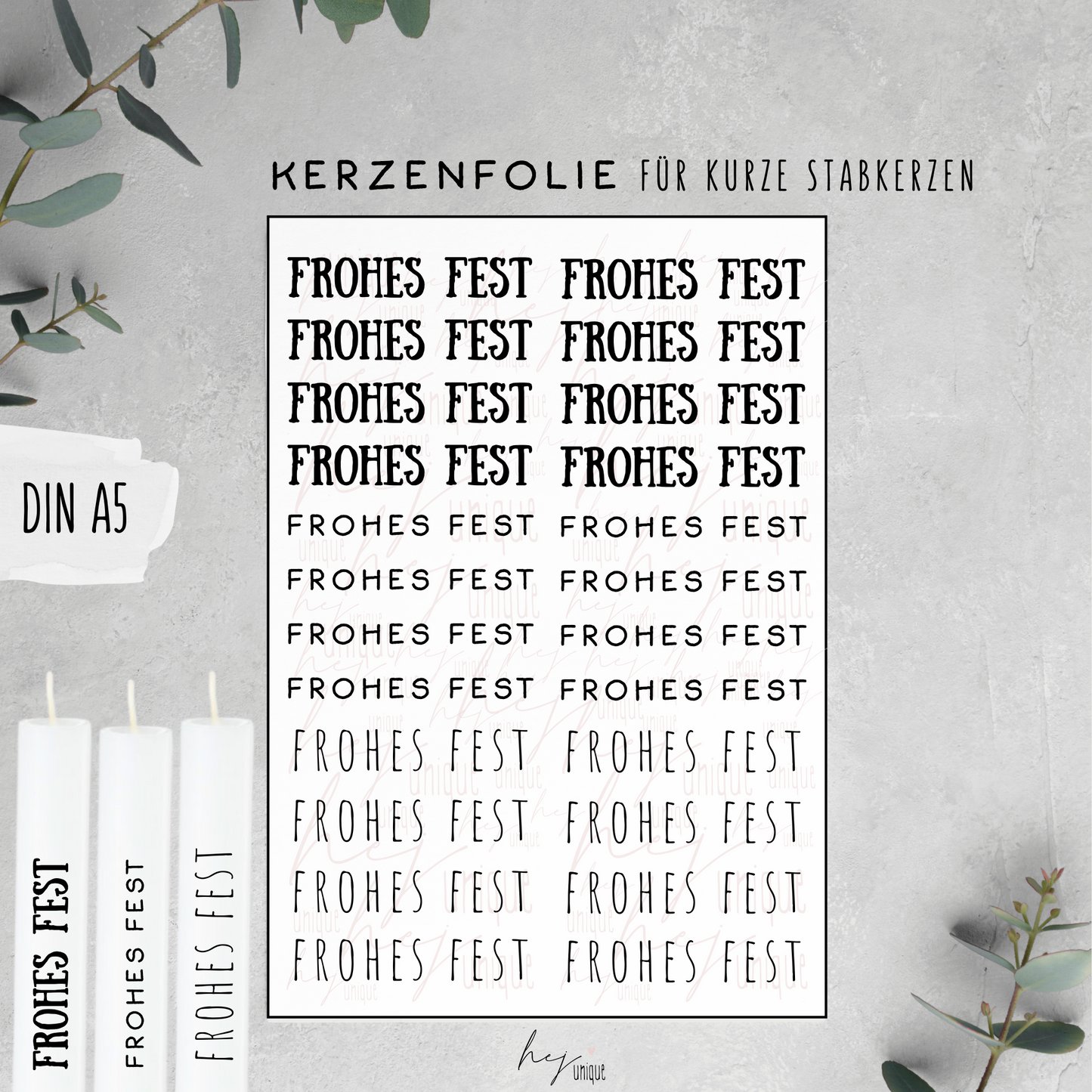 Kerzenfolie Schriftzüge Frohes Fest Warum du unsere Kerzenfolie lieben wirst:  ✔ Edle Premium-Folie mit hochwertiger Optik  ✔ Speziell für Kerzen entwickelt   ✔ Aktivierung des Klebers ganz einfach mit Wasser   ✔ Wischfest und langlebig bei sorgfältiger Verarbeitung  ✔ Besonders elastisch – passt sich Kerzenoberfläche optimal an  ✔ Gewerblich nutzbar – keine zusätzliche Lizenz nötig