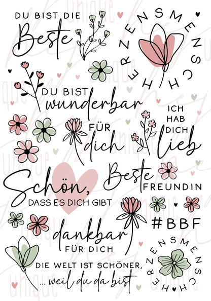 Rub On Aufkleber Beste Freundin A5 Warum du unsere Rub-Ons lieben wirst:  ✔ Randloser Premium-Look   ✔ Besondere Haptik   ✔ Präzise Platzierung dank transparenter Trägerfolie  ✔ Wasser- und kratzfest // Hitze- und UV-beständig   ✔ Starke Haftung auf Glas, Keramik, Holz, Raysin u.v.m.  ✔ Langlebig und hochwertig verarbeitet  ✔ Auch gewerblich nutzbar – keine zusätzliche Lizenz nötig