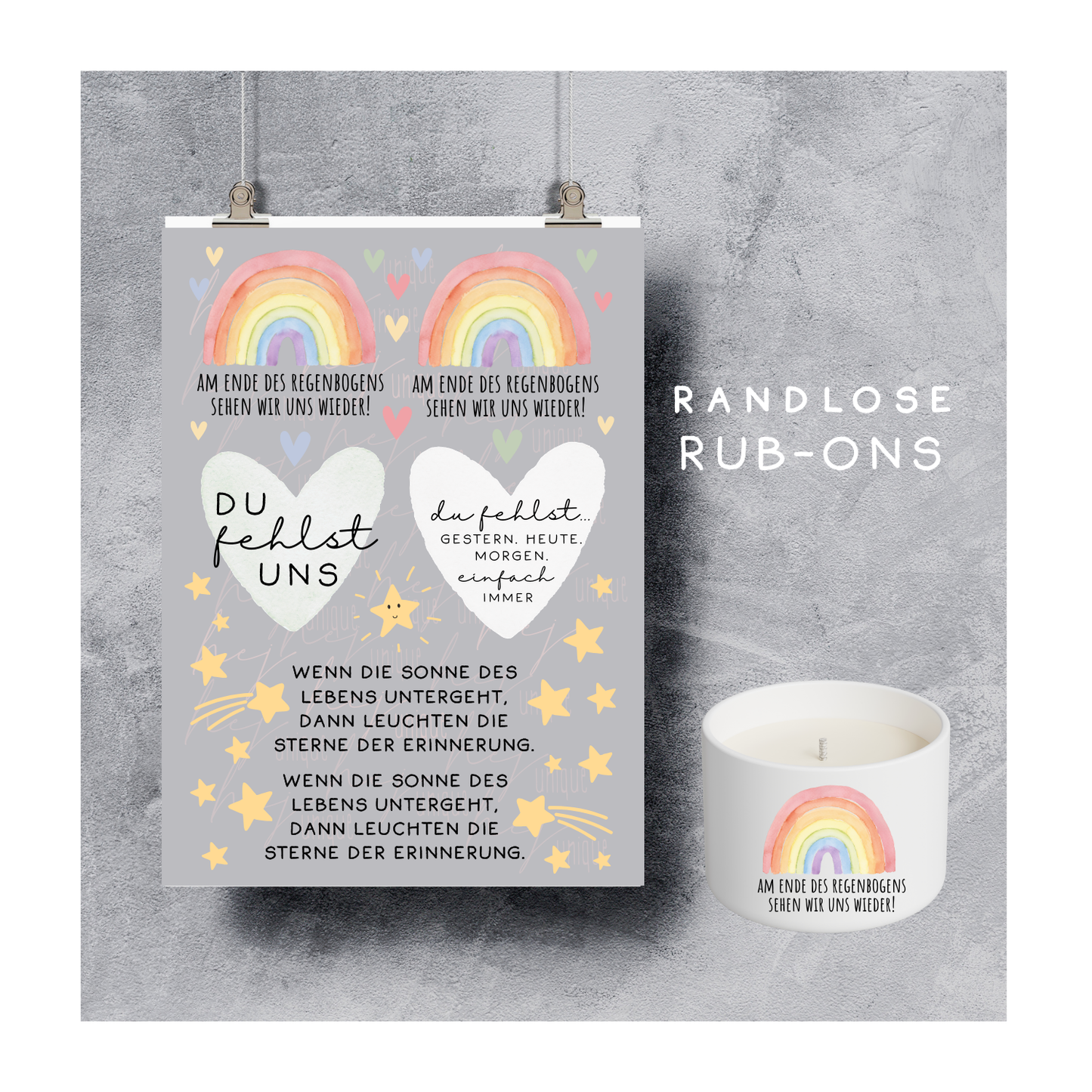 Rub On Aufkleber Trauer Regenbogen A5 Warum du unsere Rub-Ons lieben wirst:  ✔ Randloser Premium-Look   ✔ Besondere Haptik   ✔ Präzise Platzierung dank transparenter Trägerfolie  ✔ Wasser- und kratzfest // Hitze- und UV-beständig   ✔ Starke Haftung auf Glas, Keramik, Holz, Raysin u.v.m.  ✔ Langlebig und hochwertig verarbeitet  ✔ Auch gewerblich nutzbar – keine zusätzliche Lizenz nötig