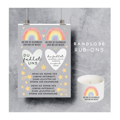 Rub On Aufkleber Trauer Regenbogen A5 Warum du unsere Rub-Ons lieben wirst:  ✔ Randloser Premium-Look   ✔ Besondere Haptik   ✔ Präzise Platzierung dank transparenter Trägerfolie  ✔ Wasser- und kratzfest // Hitze- und UV-beständig   ✔ Starke Haftung auf Glas, Keramik, Holz, Raysin u.v.m.  ✔ Langlebig und hochwertig verarbeitet  ✔ Auch gewerblich nutzbar – keine zusätzliche Lizenz nötig
