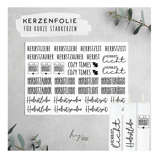 Kerzenfolie Herbstzauber kurze Kerzen Warum du unsere Kerzenfolie lieben wirst:  ✔ Edle Premium-Folie mit hochwertiger Optik  ✔ Speziell für Kerzen entwickelt   ✔ Aktivierung des Klebers ganz einfach mit Wasser   ✔ Wischfest und langlebig bei sorgfältiger Verarbeitung  ✔ Besonders elastisch – passt sich Kerzenoberfläche optimal an  ✔ Gewerblich nutzbar – keine zusätzliche Lizenz nötig