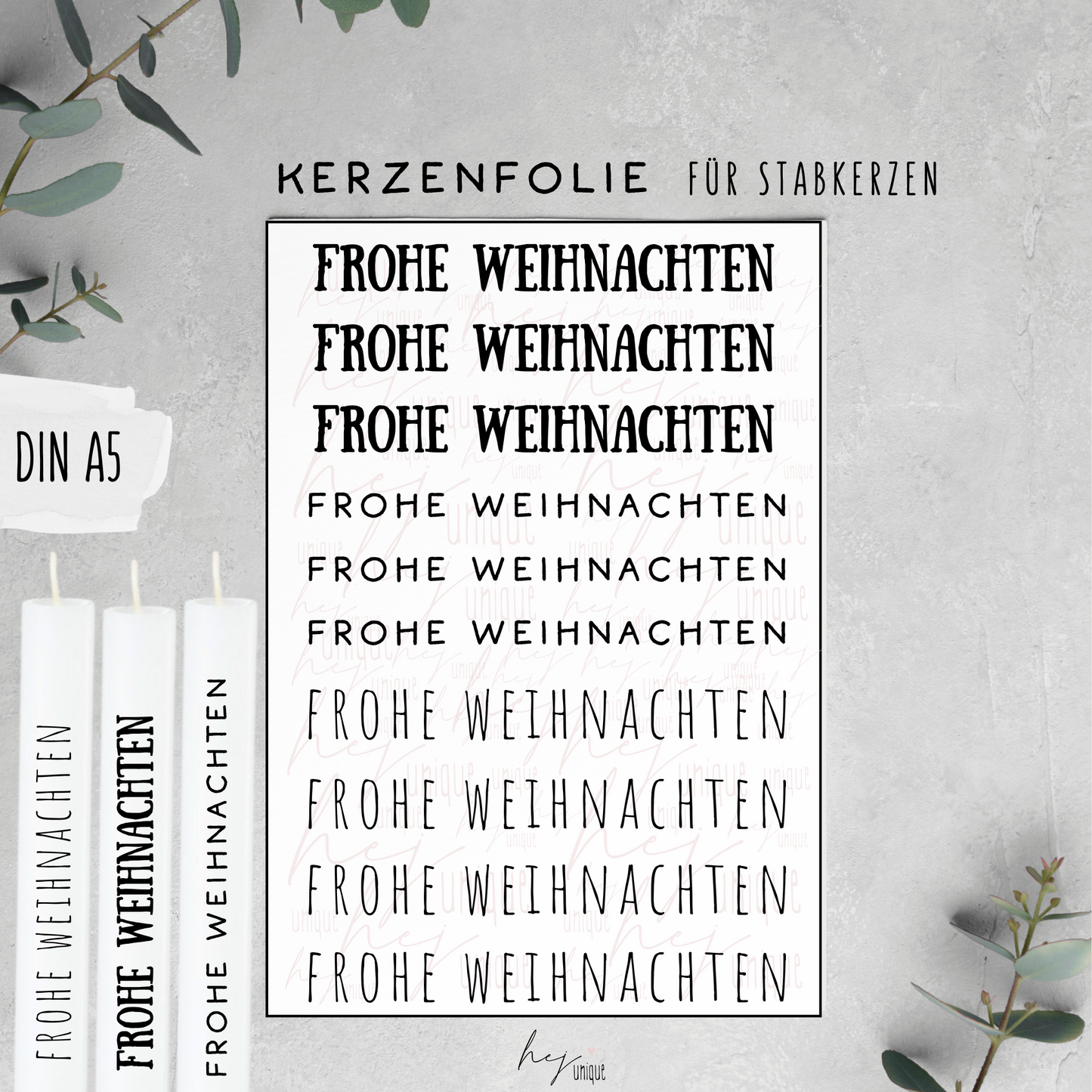 Kerzenfolie Schriftzüge Frohe Weihnachten Warum du unsere Kerzenfolie lieben wirst:  ✔ Edle Premium-Folie mit hochwertiger Optik  ✔ Speziell für Kerzen entwickelt   ✔ Aktivierung des Klebers ganz einfach mit Wasser   ✔ Wischfest und langlebig bei sorgfältiger Verarbeitung  ✔ Besonders elastisch – passt sich Kerzenoberfläche optimal an  ✔ Gewerblich nutzbar – keine zusätzliche Lizenz nötig