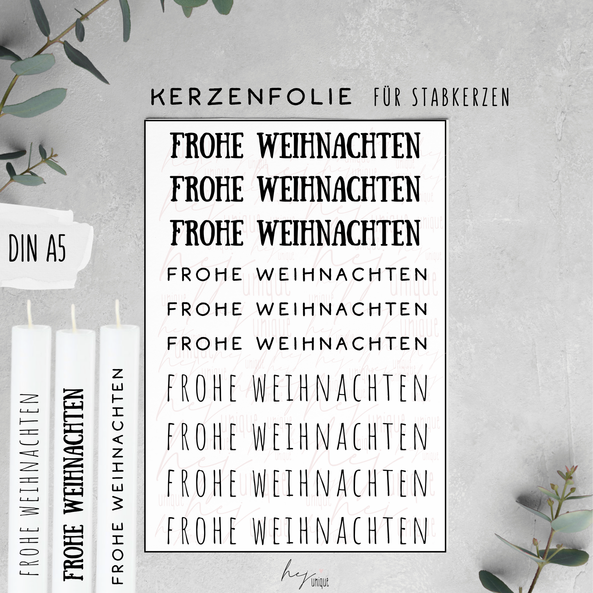 Kerzenfolie Schriftzüge Frohe Weihnachten Warum du unsere Kerzenfolie lieben wirst:  ✔ Edle Premium-Folie mit hochwertiger Optik  ✔ Speziell für Kerzen entwickelt   ✔ Aktivierung des Klebers ganz einfach mit Wasser   ✔ Wischfest und langlebig bei sorgfältiger Verarbeitung  ✔ Besonders elastisch – passt sich Kerzenoberfläche optimal an  ✔ Gewerblich nutzbar – keine zusätzliche Lizenz nötig
