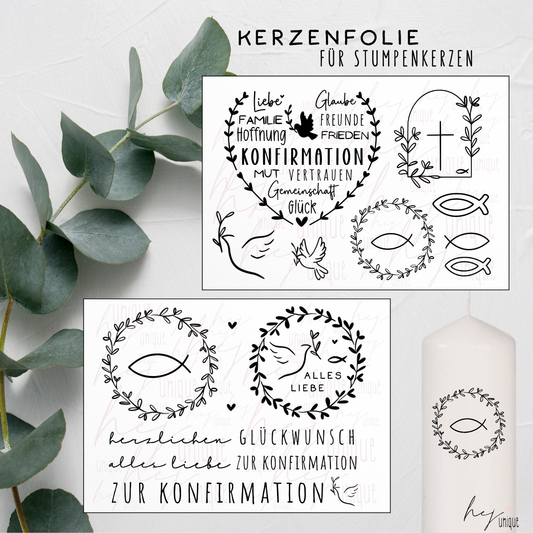 Kerzenfolie Konfirmation Stumpenkerze Blockkerze Glaube Kirche Glückwünsche
