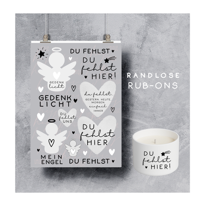 Rub On Aufkleber Du fehlst Trauer Gedenklicht A5 Warum du unsere Rub-Ons lieben wirst:  ✔ Randloser Premium-Look   ✔ Besondere Haptik   ✔ Präzise Platzierung dank transparenter Trägerfolie  ✔ Wasser- und kratzfest // Hitze- und UV-beständig   ✔ Starke Haftung auf Glas, Keramik, Holz, Raysin u.v.m.  ✔ Langlebig und hochwertig verarbeitet  ✔ Auch gewerblich nutzbar – keine zusätzliche Lizenz nötig