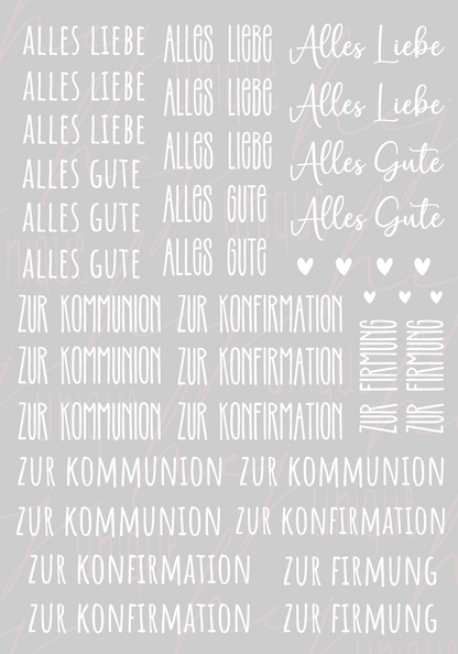 Rub On Aufkleber Schriftzüge Kommunion Konfirmation Firmung Reagenzgläser A5 Warum du unsere Rub-Ons lieben wirst:  ✔ Randloser Premium-Look   ✔ Besondere Haptik   ✔ Präzise Platzierung dank transparenter Trägerfolie  ✔ Wasser- und kratzfest // Hitze- und UV-beständig   ✔ Starke Haftung auf Glas, Keramik, Holz, Raysin u.v.m.  ✔ Langlebig und hochwertig verarbeitet  ✔ Auch gewerblich nutzbar – keine zusätzliche Lizenz nötig