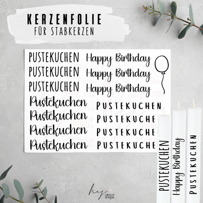 Kerzenfolie Pustekuchen DIY Folie Warum du unsere Kerzenfolie lieben wirst:  ✔ Edle Premium-Folie mit hochwertiger Optik  ✔ Speziell für Kerzen entwickelt   ✔ Aktivierung des Klebers ganz einfach mit Wasser   ✔ Wischfest und langlebig bei sorgfältiger Verarbeitung  ✔ Besonders elastisch – passt sich Kerzenoberfläche optimal an  ✔ Gewerblich nutzbar – keine zusätzliche Lizenz nötig