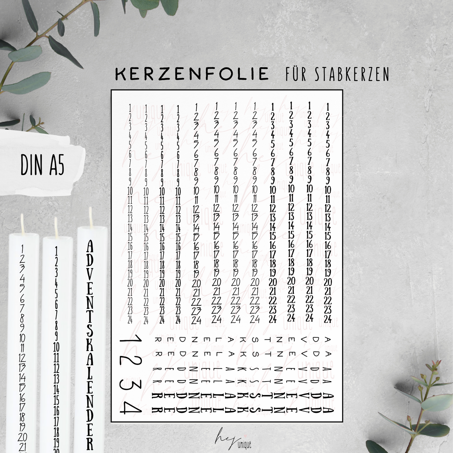 Kerzenfolie Adventskalender Kerze Warum du unsere Kerzenfolie lieben wirst:  ✔ Edle Premium-Folie mit hochwertiger Optik  ✔ Speziell für Kerzen entwickelt   ✔ Aktivierung des Klebers ganz einfach mit Wasser   ✔ Wischfest und langlebig bei sorgfältiger Verarbeitung  ✔ Besonders elastisch – passt sich Kerzenoberfläche optimal an  ✔ Gewerblich nutzbar – keine zusätzliche Lizenz nötig