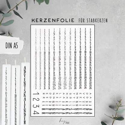 Kerzenfolie Adventskalender Kerze Warum du unsere Kerzenfolie lieben wirst:  ✔ Edle Premium-Folie mit hochwertiger Optik  ✔ Speziell für Kerzen entwickelt   ✔ Aktivierung des Klebers ganz einfach mit Wasser   ✔ Wischfest und langlebig bei sorgfältiger Verarbeitung  ✔ Besonders elastisch – passt sich Kerzenoberfläche optimal an  ✔ Gewerblich nutzbar – keine zusätzliche Lizenz nötig