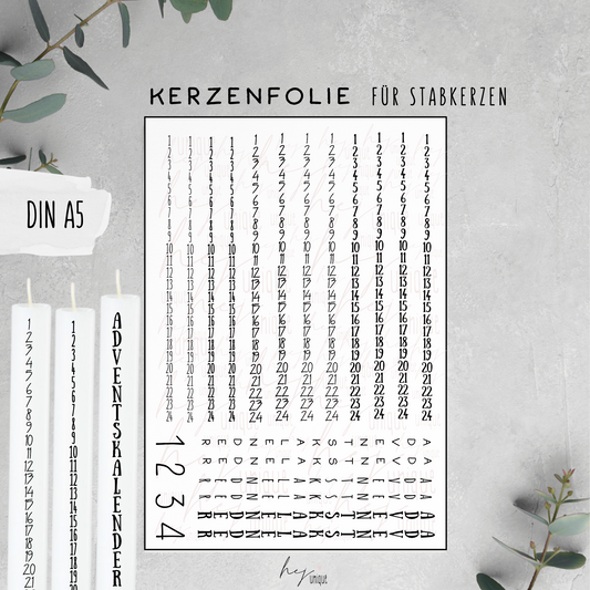 Kerzenfolie Adventskalender Kerze Warum du unsere Kerzenfolie lieben wirst:  ✔ Edle Premium-Folie mit hochwertiger Optik  ✔ Speziell für Kerzen entwickelt   ✔ Aktivierung des Klebers ganz einfach mit Wasser   ✔ Wischfest und langlebig bei sorgfältiger Verarbeitung  ✔ Besonders elastisch – passt sich Kerzenoberfläche optimal an  ✔ Gewerblich nutzbar – keine zusätzliche Lizenz nötig