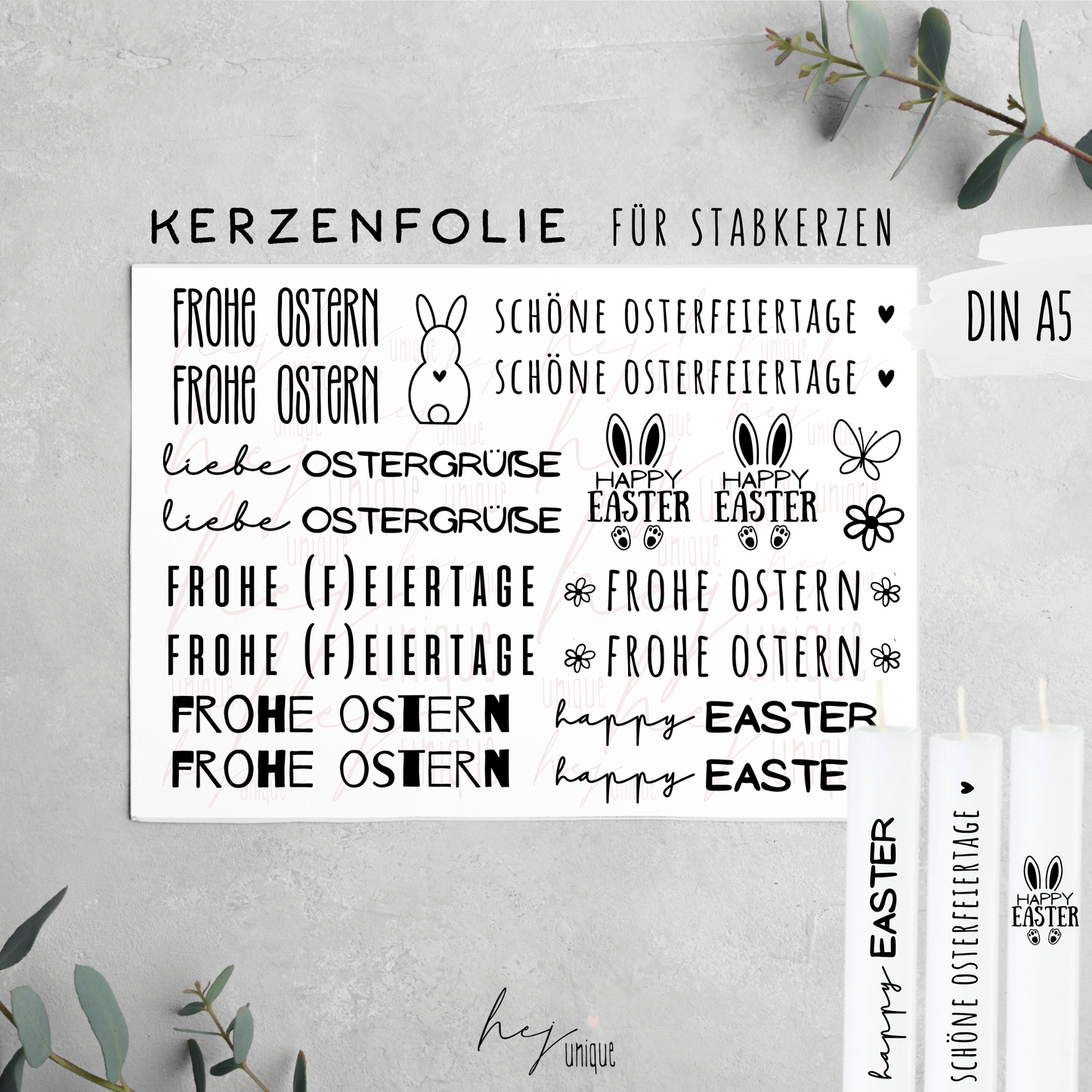 Kerzenfolie Ostern Stabkerzen Warum du unsere Kerzenfolie lieben wirst:  ✔ Edle Premium-Folie mit hochwertiger Optik  ✔ Speziell für Kerzen entwickelt   ✔ Aktivierung des Klebers ganz einfach mit Wasser   ✔ Wischfest und langlebig bei sorgfältiger Verarbeitung  ✔ Besonders elastisch – passt sich Kerzenoberfläche optimal an  ✔ Gewerblich nutzbar – keine zusätzliche Lizenz nötig