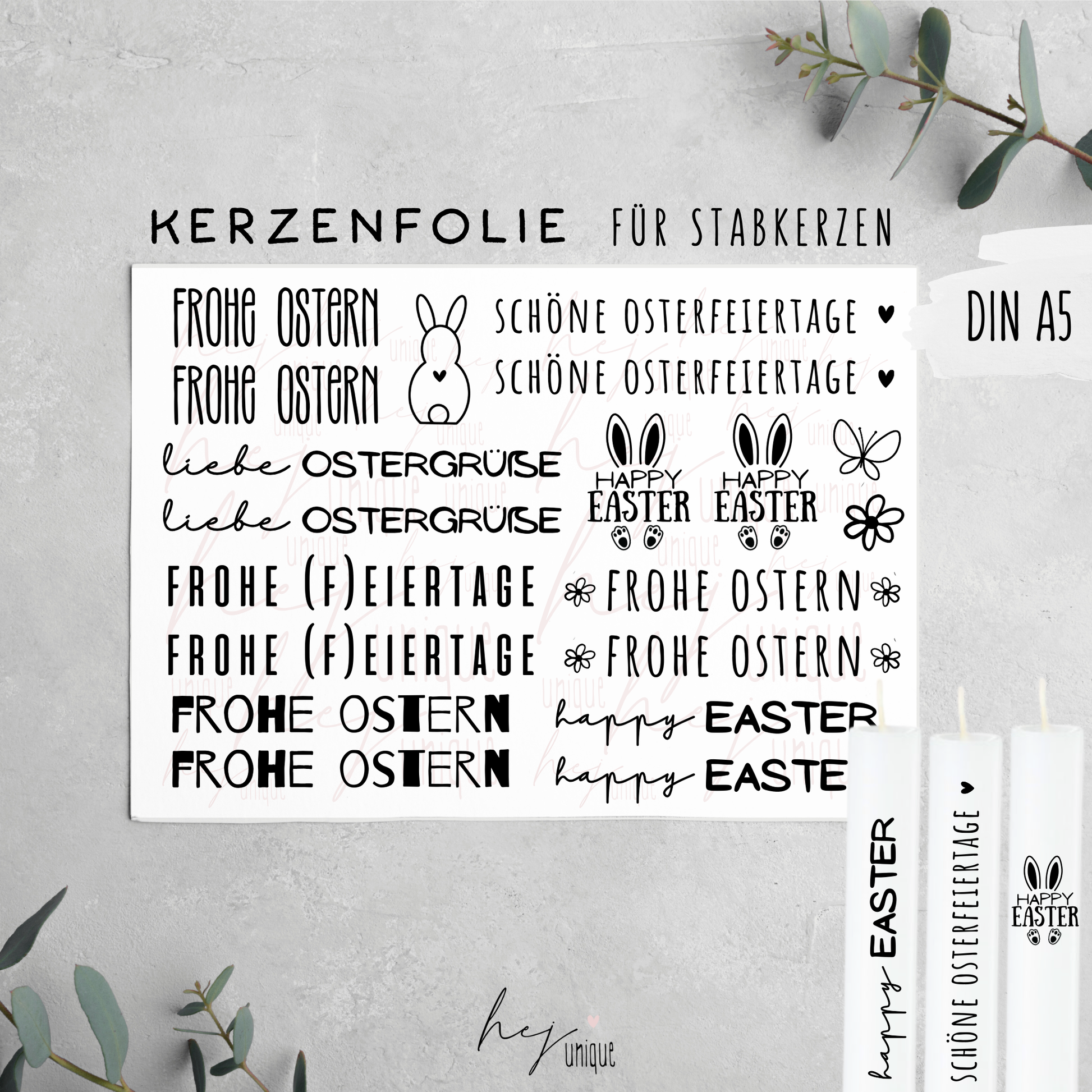 Kerzenfolie Ostern Stabkerzen Warum du unsere Kerzenfolie lieben wirst:  ✔ Edle Premium-Folie mit hochwertiger Optik  ✔ Speziell für Kerzen entwickelt   ✔ Aktivierung des Klebers ganz einfach mit Wasser   ✔ Wischfest und langlebig bei sorgfältiger Verarbeitung  ✔ Besonders elastisch – passt sich Kerzenoberfläche optimal an  ✔ Gewerblich nutzbar – keine zusätzliche Lizenz nötig