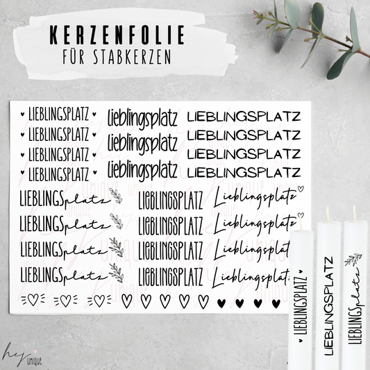 Kerzenfolie Lieblingsplatz Premium-Folie Warum du unsere Kerzenfolie lieben wirst:  ✔ Edle Premium-Folie mit hochwertiger Optik  ✔ Speziell für Kerzen entwickelt   ✔ Aktivierung des Klebers ganz einfach mit Wasser   ✔ Wischfest und langlebig bei sorgfältiger Verarbeitung  ✔ Besonders elastisch – passt sich Kerzenoberfläche optimal an  ✔ Gewerblich nutzbar – keine zusätzliche Lizenz nötig