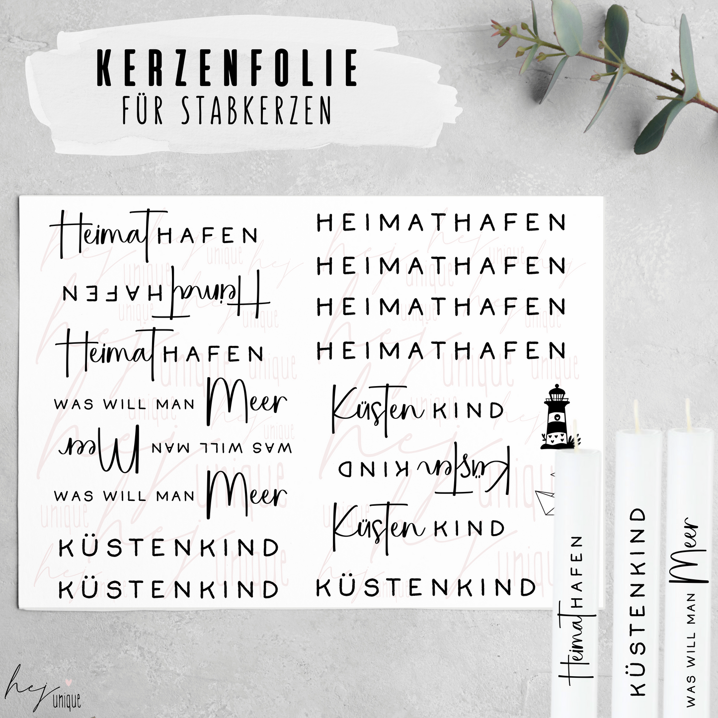 Kerzenfolie Heimathafen tumpenkerzen und Stabkerzen Folie Warum du unsere Kerzenfolie lieben wirst:  ✔ Edle Premium-Folie mit hochwertiger Optik  ✔ Speziell für Kerzen entwickelt   ✔ Aktivierung des Klebers ganz einfach mit Wasser   ✔ Wischfest und langlebig bei sorgfältiger Verarbeitung  ✔ Besonders elastisch – passt sich Kerzenoberfläche optimal an  ✔ Gewerblich nutzbar – keine zusätzliche Lizenz nötig