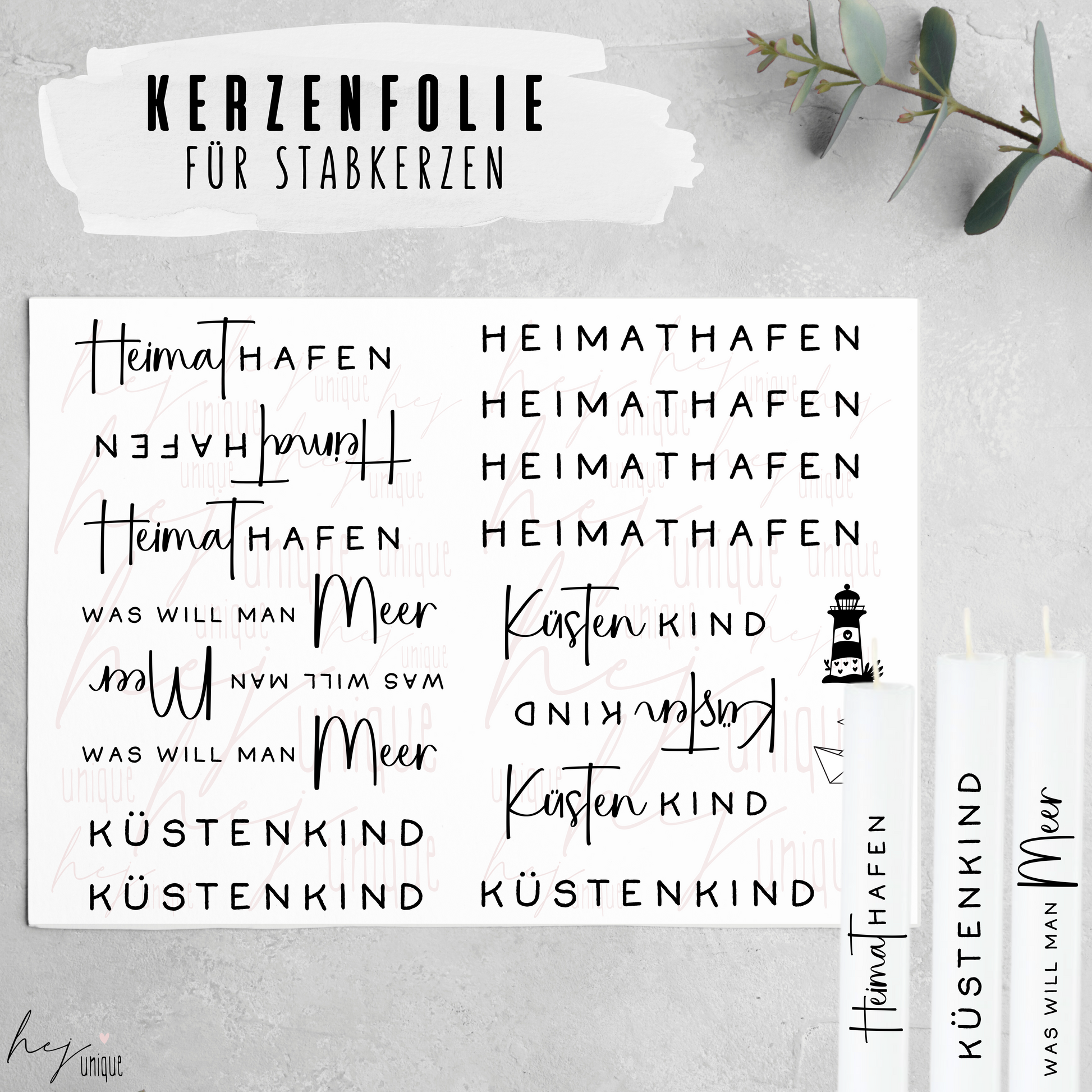 Kerzenfolie Heimathafen tumpenkerzen und Stabkerzen Folie Warum du unsere Kerzenfolie lieben wirst:  ✔ Edle Premium-Folie mit hochwertiger Optik  ✔ Speziell für Kerzen entwickelt   ✔ Aktivierung des Klebers ganz einfach mit Wasser   ✔ Wischfest und langlebig bei sorgfältiger Verarbeitung  ✔ Besonders elastisch – passt sich Kerzenoberfläche optimal an  ✔ Gewerblich nutzbar – keine zusätzliche Lizenz nötig