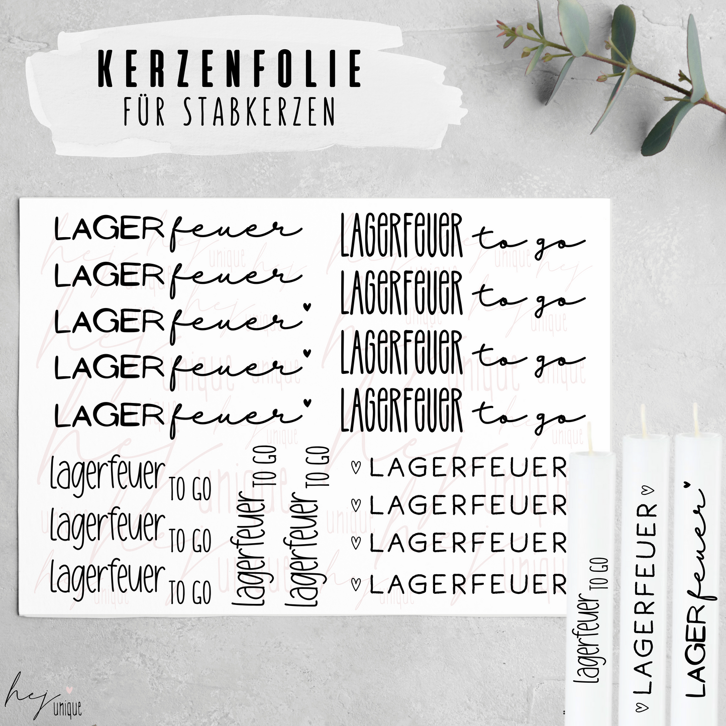 Kerzenfolie Lagerfeuer DIY Deko Warum du unsere Kerzenfolie lieben wirst:  ✔ Edle Premium-Folie mit hochwertiger Optik  ✔ Speziell für Kerzen entwickelt   ✔ Aktivierung des Klebers ganz einfach mit Wasser   ✔ Wischfest und langlebig bei sorgfältiger Verarbeitung  ✔ Besonders elastisch – passt sich Kerzenoberfläche optimal an  ✔ Gewerblich nutzbar – keine zusätzliche Lizenz nötig