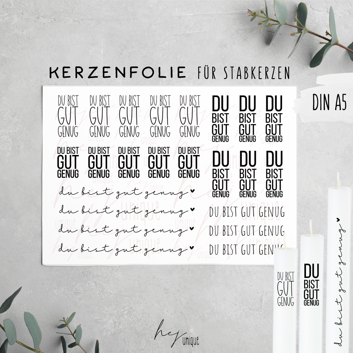 Kerzenfolie "Du bist gut genug" DIY Deko für Stabkerzen