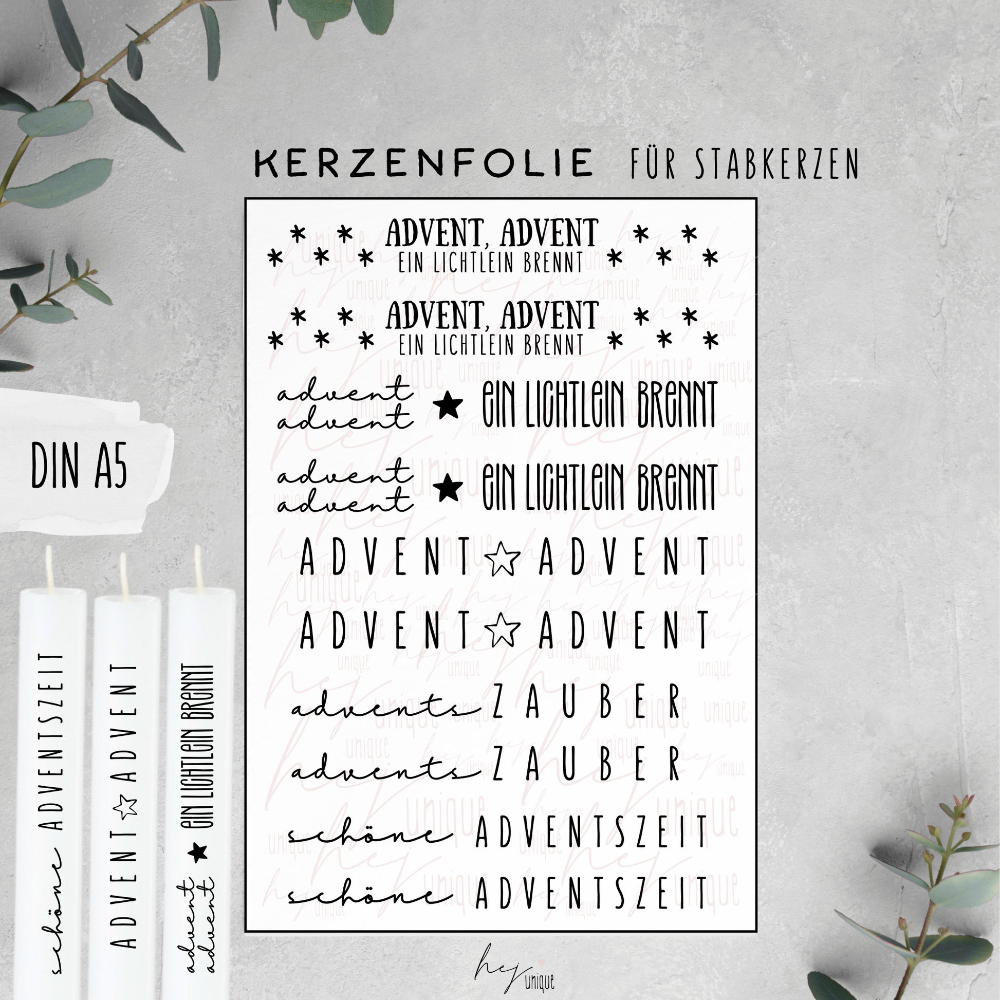 Kerzenfolie Schriftzüge Advent Advent Warum du unsere Kerzenfolie lieben wirst:  ✔ Edle Premium-Folie mit hochwertiger Optik  ✔ Speziell für Kerzen entwickelt   ✔ Aktivierung des Klebers ganz einfach mit Wasser   ✔ Wischfest und langlebig bei sorgfältiger Verarbeitung  ✔ Besonders elastisch – passt sich Kerzenoberfläche optimal an  ✔ Gewerblich nutzbar – keine zusätzliche Lizenz nötig