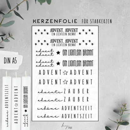 Kerzenfolie Schriftzüge Advent Advent Warum du unsere Kerzenfolie lieben wirst:  ✔ Edle Premium-Folie mit hochwertiger Optik  ✔ Speziell für Kerzen entwickelt   ✔ Aktivierung des Klebers ganz einfach mit Wasser   ✔ Wischfest und langlebig bei sorgfältiger Verarbeitung  ✔ Besonders elastisch – passt sich Kerzenoberfläche optimal an  ✔ Gewerblich nutzbar – keine zusätzliche Lizenz nötig