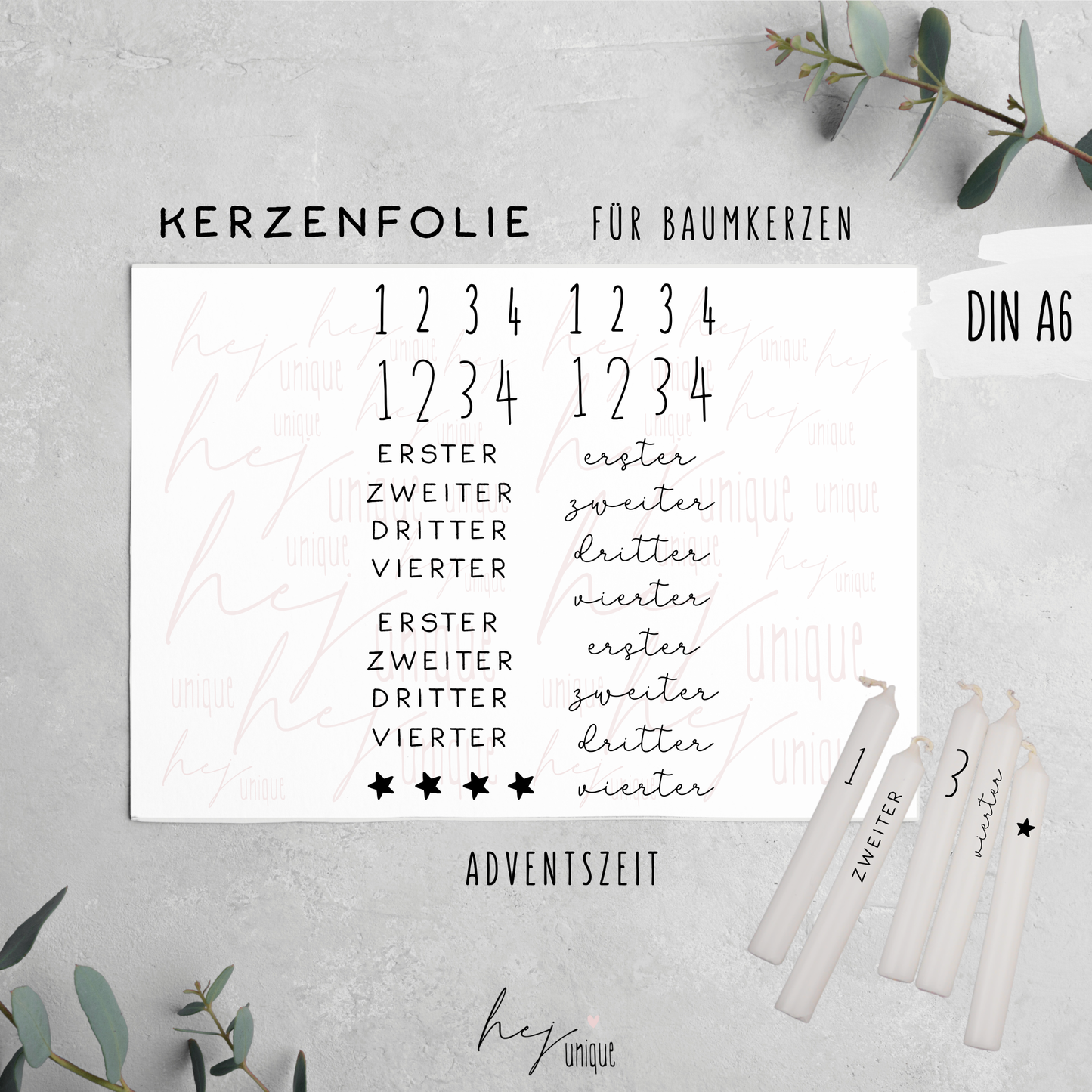 Kerzenfolie für Baumkerzen Advent Warum du unsere Kerzenfolie lieben wirst:  ✔ Edle Premium-Folie mit hochwertiger Optik  ✔ Speziell für Kerzen entwickelt   ✔ Aktivierung des Klebers ganz einfach mit Wasser   ✔ Wischfest und langlebig bei sorgfältiger Verarbeitung  ✔ Besonders elastisch – passt sich Kerzenoberfläche optimal an  ✔ Gewerblich nutzbar – keine zusätzliche Lizenz nötig