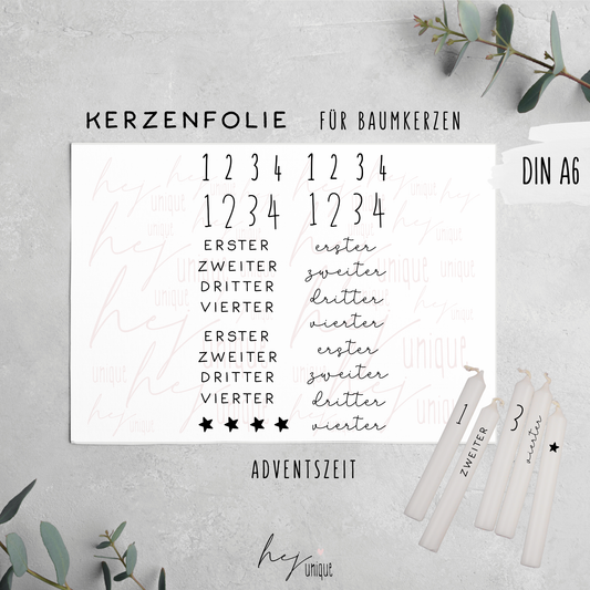 Kerzenfolie für Baumkerzen Advent Warum du unsere Kerzenfolie lieben wirst:  ✔ Edle Premium-Folie mit hochwertiger Optik  ✔ Speziell für Kerzen entwickelt   ✔ Aktivierung des Klebers ganz einfach mit Wasser   ✔ Wischfest und langlebig bei sorgfältiger Verarbeitung  ✔ Besonders elastisch – passt sich Kerzenoberfläche optimal an  ✔ Gewerblich nutzbar – keine zusätzliche Lizenz nötig