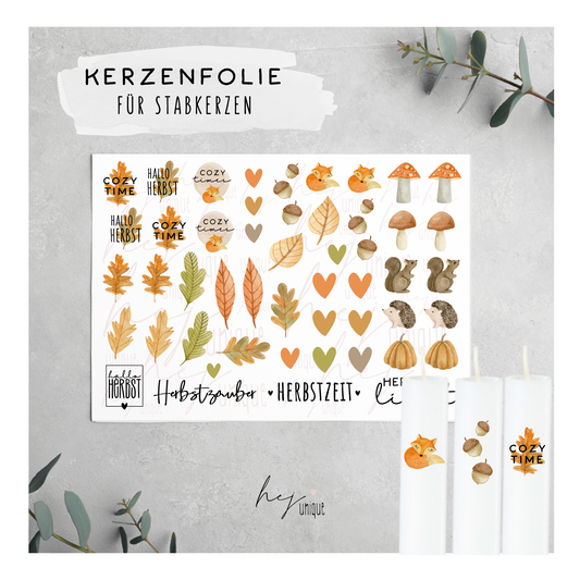 Kerzenfolie Herbst Woodland Stabkerzen Warum du unsere Kerzenfolie lieben wirst:  ✔ Edle Premium-Folie mit hochwertiger Optik  ✔ Speziell für Kerzen entwickelt   ✔ Aktivierung des Klebers ganz einfach mit Wasser   ✔ Wischfest und langlebig bei sorgfältiger Verarbeitung  ✔ Besonders elastisch – passt sich Kerzenoberfläche optimal an  ✔ Gewerblich nutzbar – keine zusätzliche Lizenz nötig