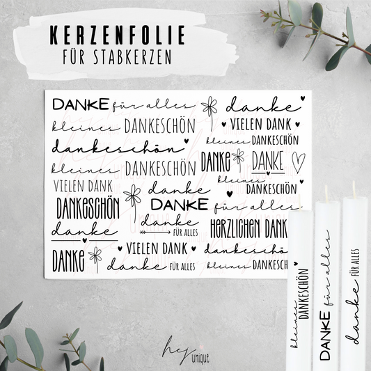Kerzenfolie Danke Kerzendeko für Stab Stumpenkerzen Warum du unsere Kerzenfolie lieben wirst:  ✔ Edle Premium-Folie mit hochwertiger Optik  ✔ Speziell für Kerzen entwickelt   ✔ Aktivierung des Klebers ganz einfach mit Wasser   ✔ Wischfest und langlebig bei sorgfältiger Verarbeitung  ✔ Besonders elastisch – passt sich Kerzenoberfläche optimal an  ✔ Gewerblich nutzbar – keine zusätzliche Lizenz nötig