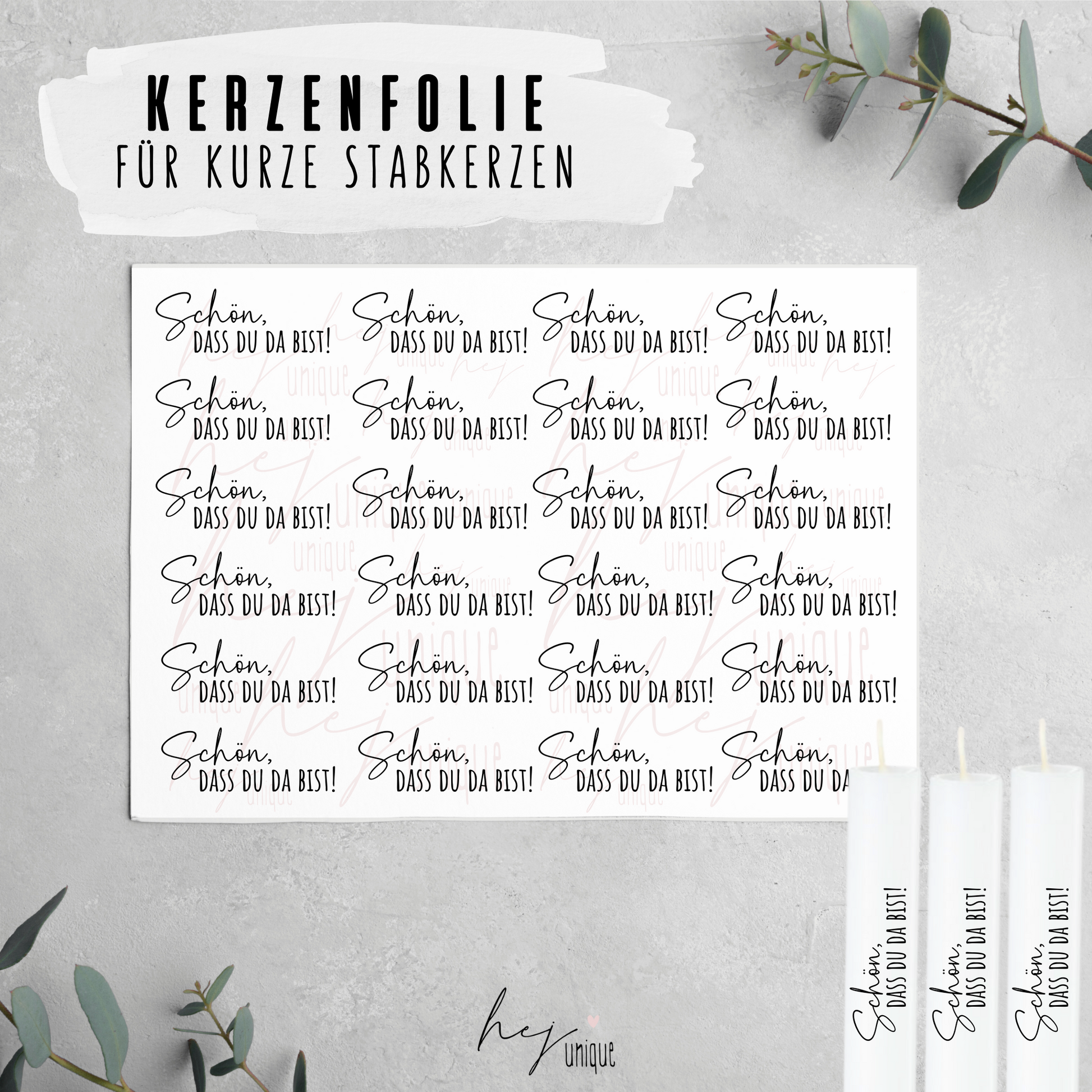 Kerzenfolie Schön dass du da bist Warum du unsere Kerzenfolie lieben wirst:  ✔ Edle Premium-Folie mit hochwertiger Optik  ✔ Speziell für Kerzen entwickelt   ✔ Aktivierung des Klebers ganz einfach mit Wasser   ✔ Wischfest und langlebig bei sorgfältiger Verarbeitung  ✔ Besonders elastisch – passt sich Kerzenoberfläche optimal an  ✔ Gewerblich nutzbar – keine zusätzliche Lizenz nötig