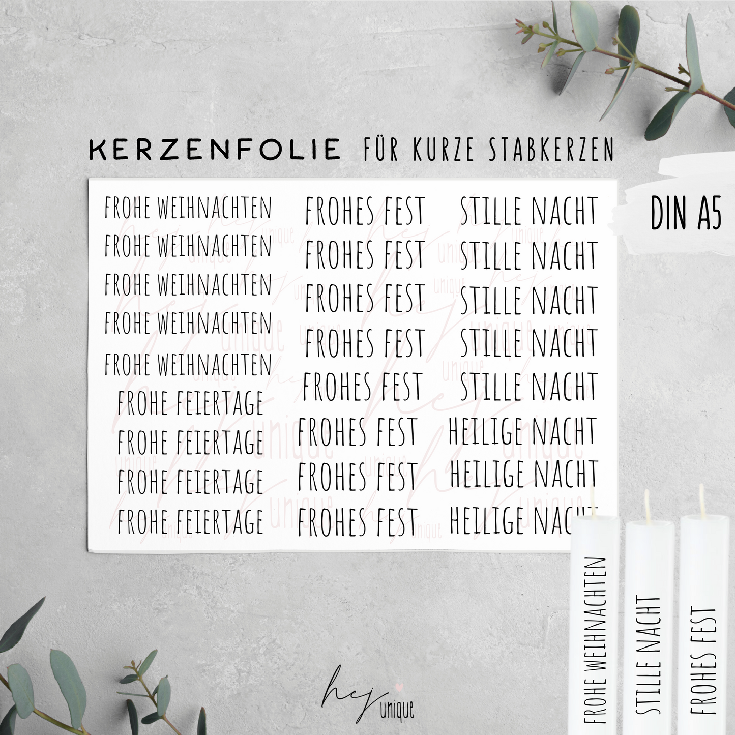 Kerzenfolie Schriftzüge Frohes Fest kurze Stabkerzen Warum du unsere Kerzenfolie lieben wirst:  ✔ Edle Premium-Folie mit hochwertiger Optik  ✔ Speziell für Kerzen entwickelt   ✔ Aktivierung des Klebers ganz einfach mit Wasser   ✔ Wischfest und langlebig bei sorgfältiger Verarbeitung  ✔ Besonders elastisch – passt sich Kerzenoberfläche optimal an  ✔ Gewerblich nutzbar – keine zusätzliche Lizenz nötig