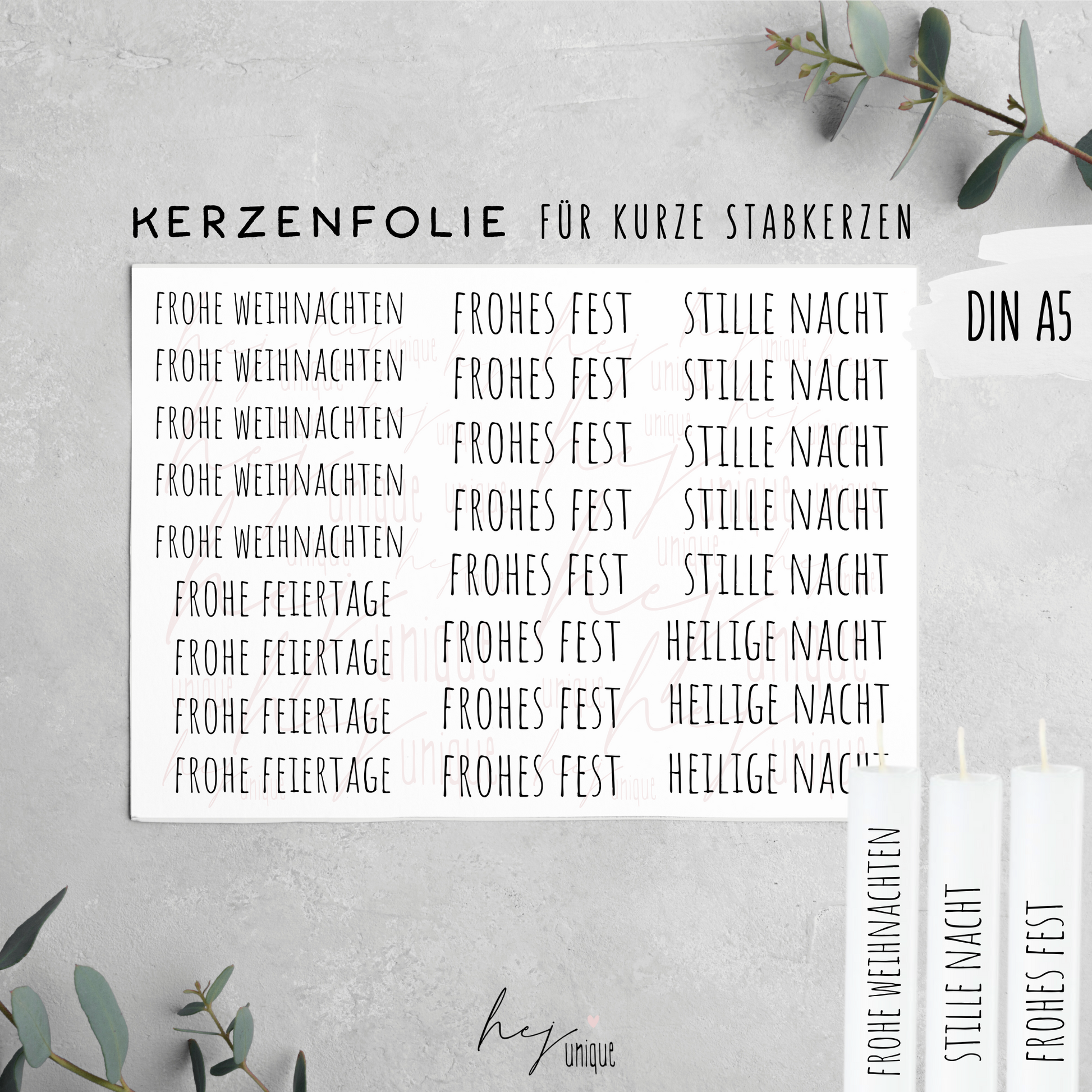 Kerzenfolie Schriftzüge Frohes Fest kurze Stabkerzen Warum du unsere Kerzenfolie lieben wirst:  ✔ Edle Premium-Folie mit hochwertiger Optik  ✔ Speziell für Kerzen entwickelt   ✔ Aktivierung des Klebers ganz einfach mit Wasser   ✔ Wischfest und langlebig bei sorgfältiger Verarbeitung  ✔ Besonders elastisch – passt sich Kerzenoberfläche optimal an  ✔ Gewerblich nutzbar – keine zusätzliche Lizenz nötig