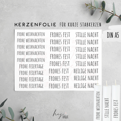 Kerzenfolie Schriftzüge Frohes Fest kurze Stabkerzen Warum du unsere Kerzenfolie lieben wirst:  ✔ Edle Premium-Folie mit hochwertiger Optik  ✔ Speziell für Kerzen entwickelt   ✔ Aktivierung des Klebers ganz einfach mit Wasser   ✔ Wischfest und langlebig bei sorgfältiger Verarbeitung  ✔ Besonders elastisch – passt sich Kerzenoberfläche optimal an  ✔ Gewerblich nutzbar – keine zusätzliche Lizenz nötig
