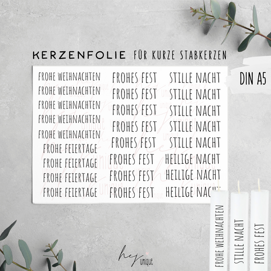 Kerzenfolie Schriftzüge Frohes Fest kurze Stabkerzen Warum du unsere Kerzenfolie lieben wirst:  ✔ Edle Premium-Folie mit hochwertiger Optik  ✔ Speziell für Kerzen entwickelt   ✔ Aktivierung des Klebers ganz einfach mit Wasser   ✔ Wischfest und langlebig bei sorgfältiger Verarbeitung  ✔ Besonders elastisch – passt sich Kerzenoberfläche optimal an  ✔ Gewerblich nutzbar – keine zusätzliche Lizenz nötig